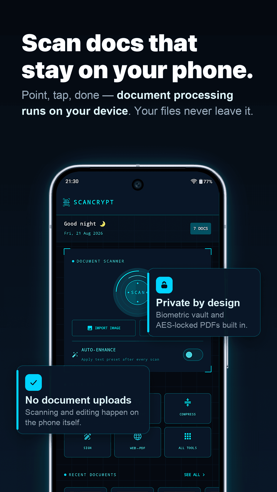 ScanCrypt home screen with document scanner — scan docs that stay on your phone; processing runs on-device with no document uploads