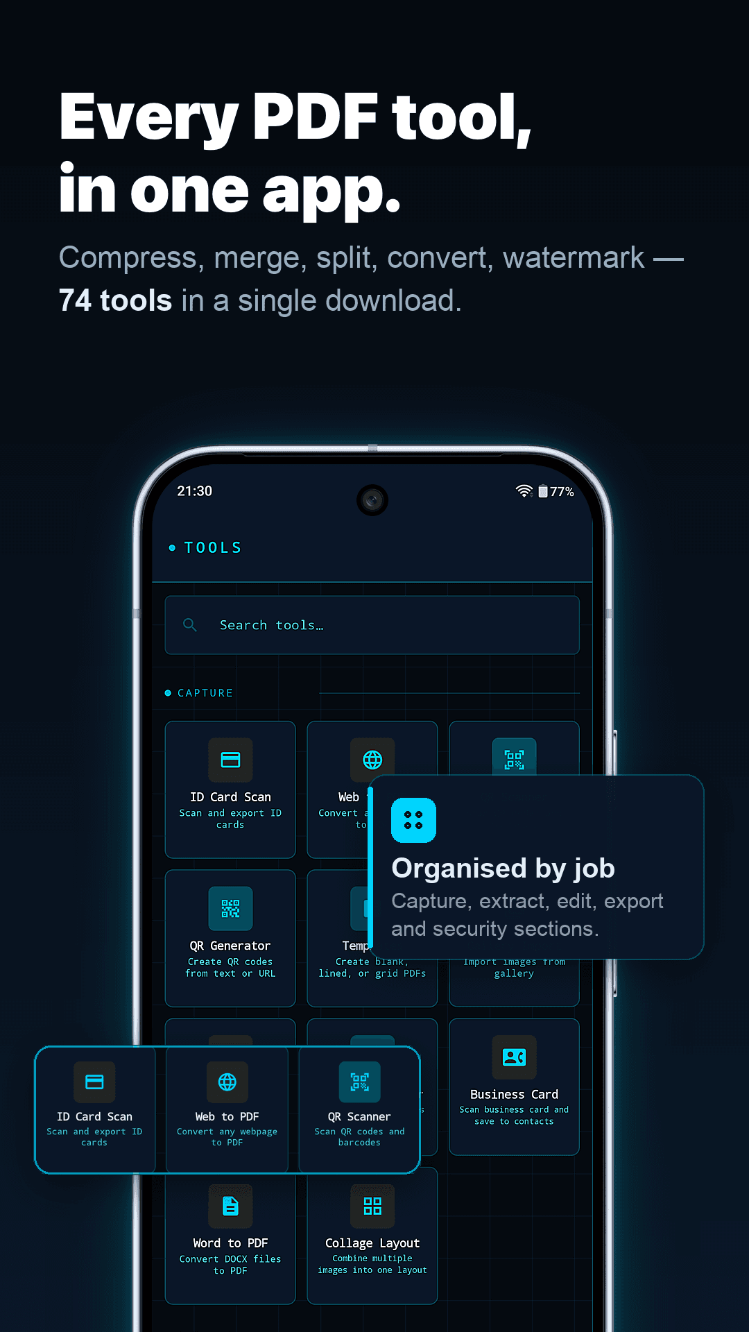 ScanCrypt tools screen — every PDF tool in one app, organised by job: capture, extract, edit, export and security