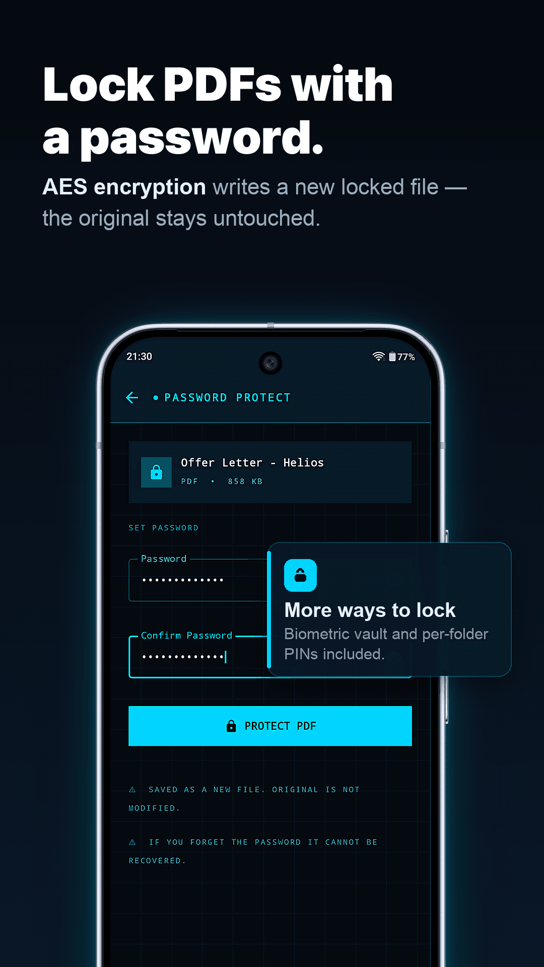 ScanCrypt security — AES-locked PDFs and a biometric vault keep documents private on the device